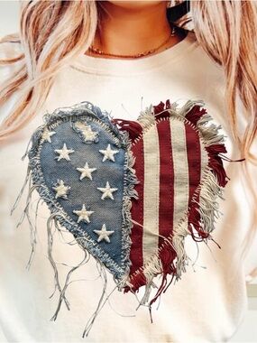 Frayed American Flag Heart Transfer  - Red, White & Blue